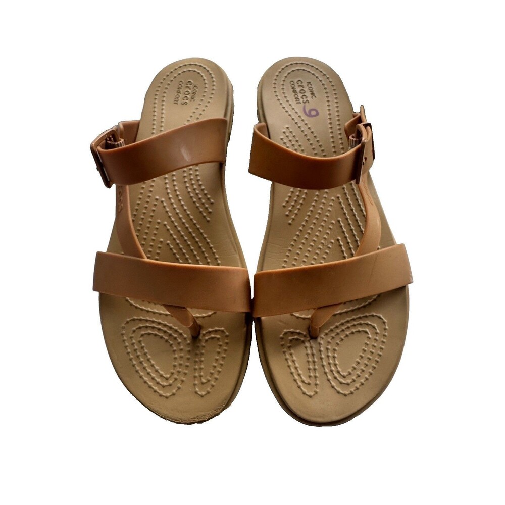 Crocs Tulum Toe Post Sandal Brown Womens Size 9 Strappy Buckle Flat